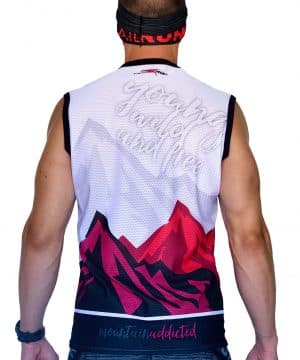 VISTA ESPALDA CAMISETA DE TRAIL RUNNING SIN MANGAS MODELO YOUNG COLOR BLANCO, ROSA Y NEGRO.